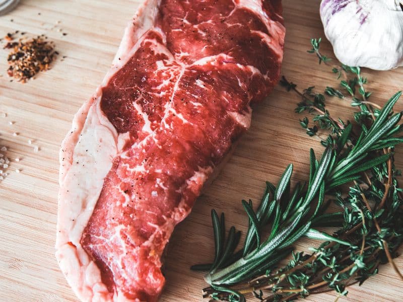 Beef strip steak, cooked